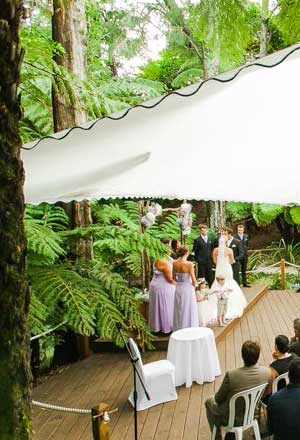 Fountain Gardens Tauranga - wedding ceremony deck. A wet weather canopy can be put up over the ceremony deck if required. The canopy completely covers this area and sits high up in the trees.